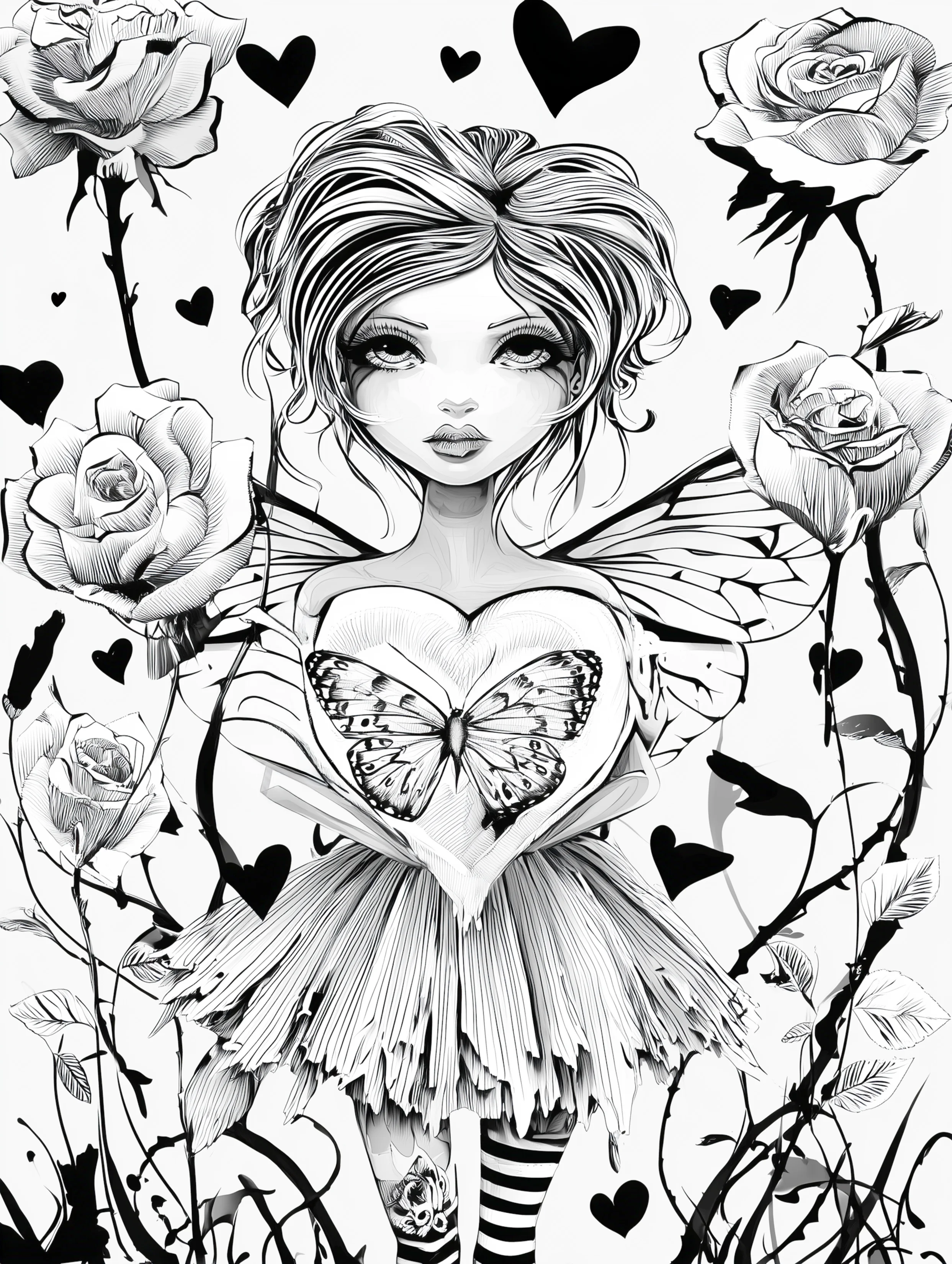 Free printable beautiful fairy coloring page featuring a heart with butterfly fairy